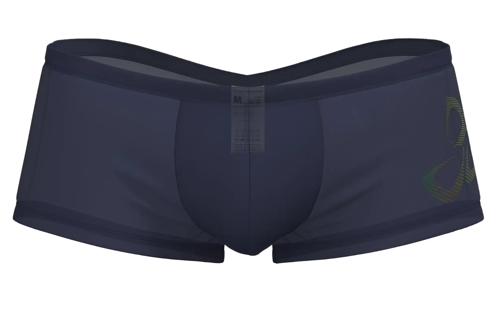 Navy blue men’s briefs private structure brut4390 bare hipster with subtle green and gold abstract logo on the side