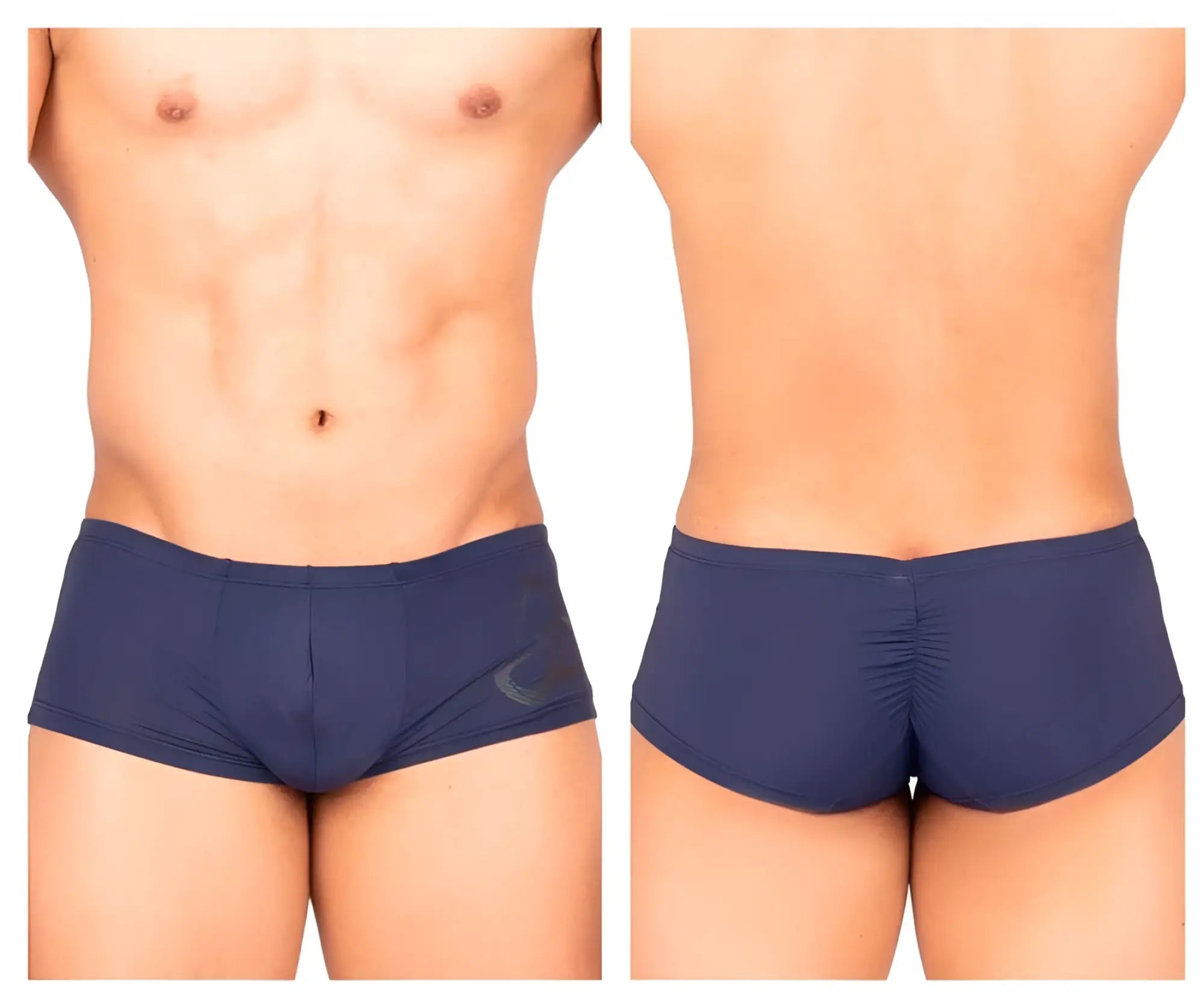 Navy blue silk stretch fabric briefs with subtle logo on left hip and ruched back detailing by private structure