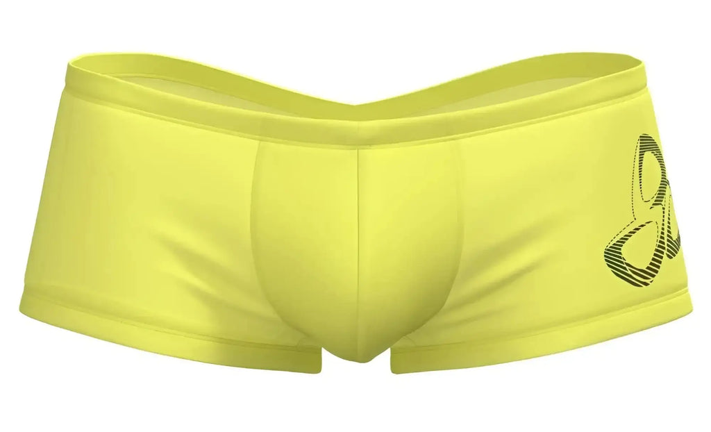 Private Structure BRUT4390 yellow swim trunks with black stylized logo on the side for a bold beach look