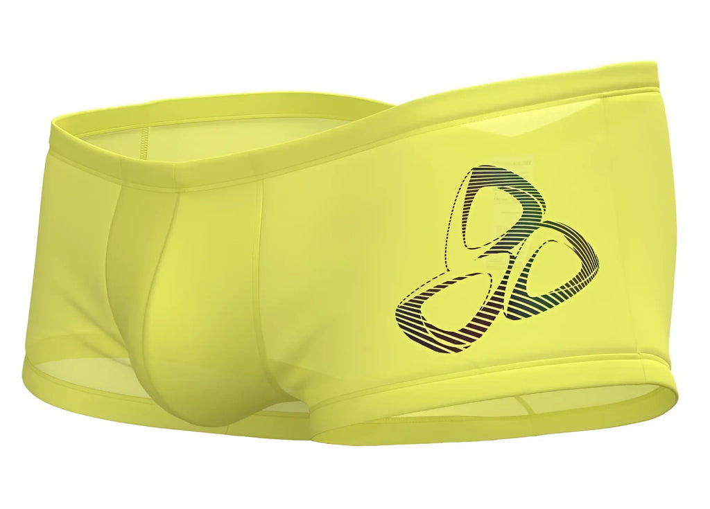 Bright yellow private structure brut4390 bare hipster briefs with bold abstract logo and gradient stripes