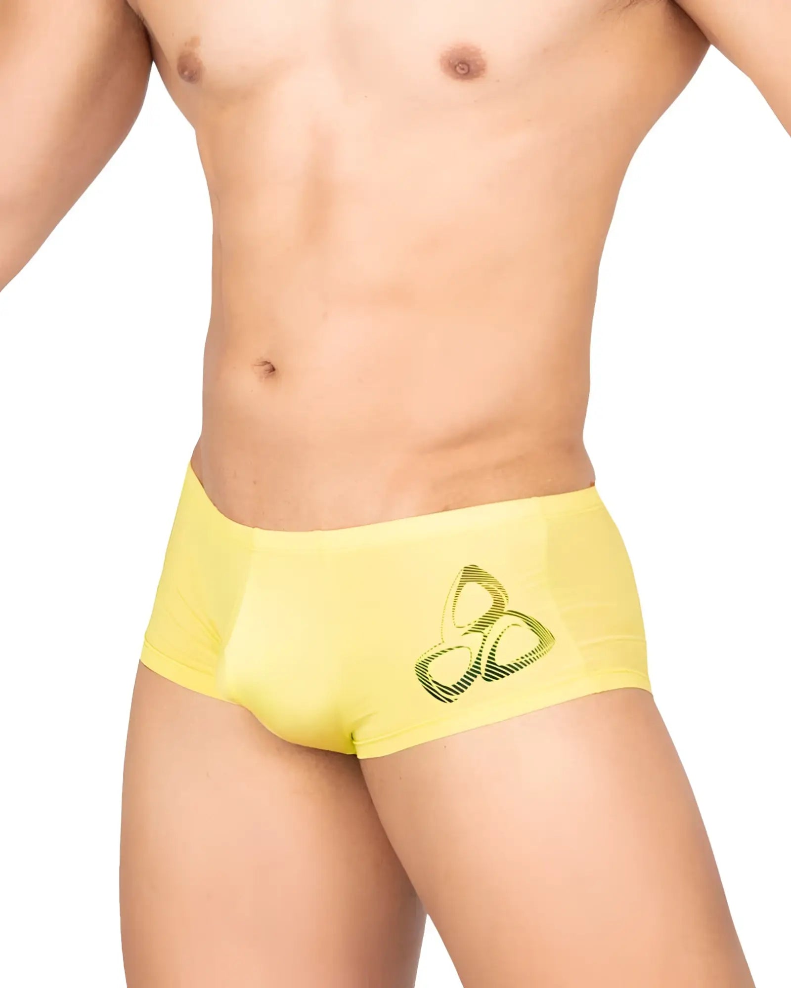 Private Structure BRUT4390 bright yellow men’s briefs with green geometric logo on the side for comfortable wear