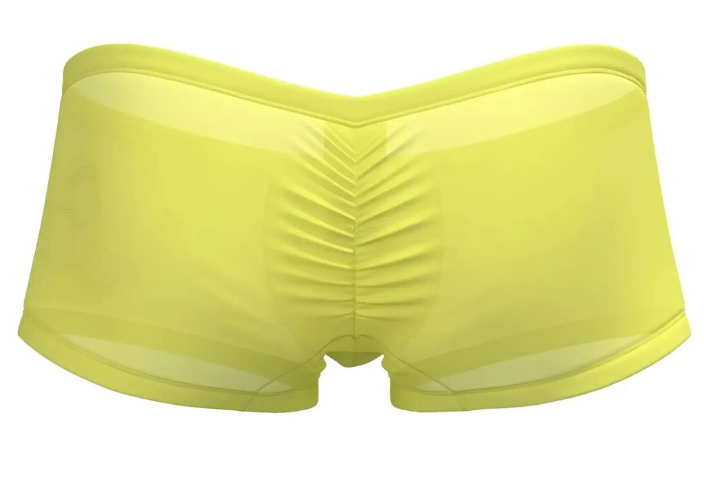 Bright yellow sheer men’s briefs from Private Structure with ruched back design in bare hipster style