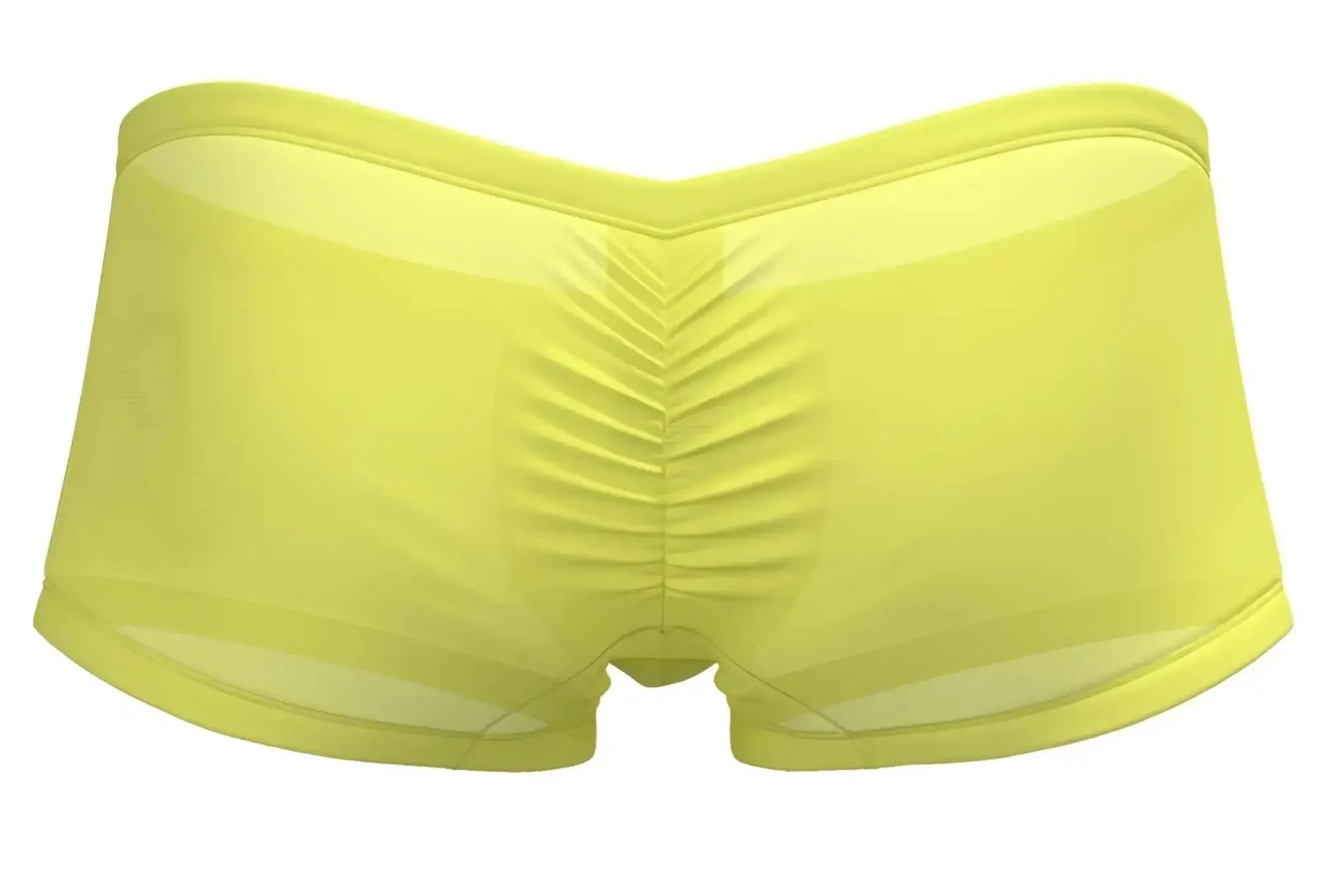 Bright yellow sheer men’s briefs from Private Structure with ruched back design in bare hipster style