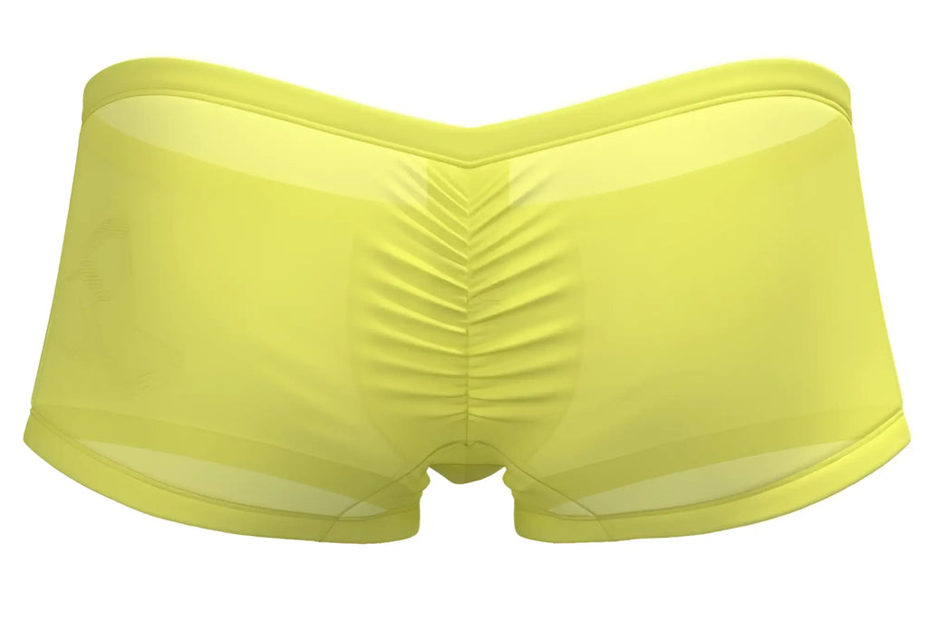 Bright yellow sheer men’s briefs from Private Structure with ruched back design in bare hipster style