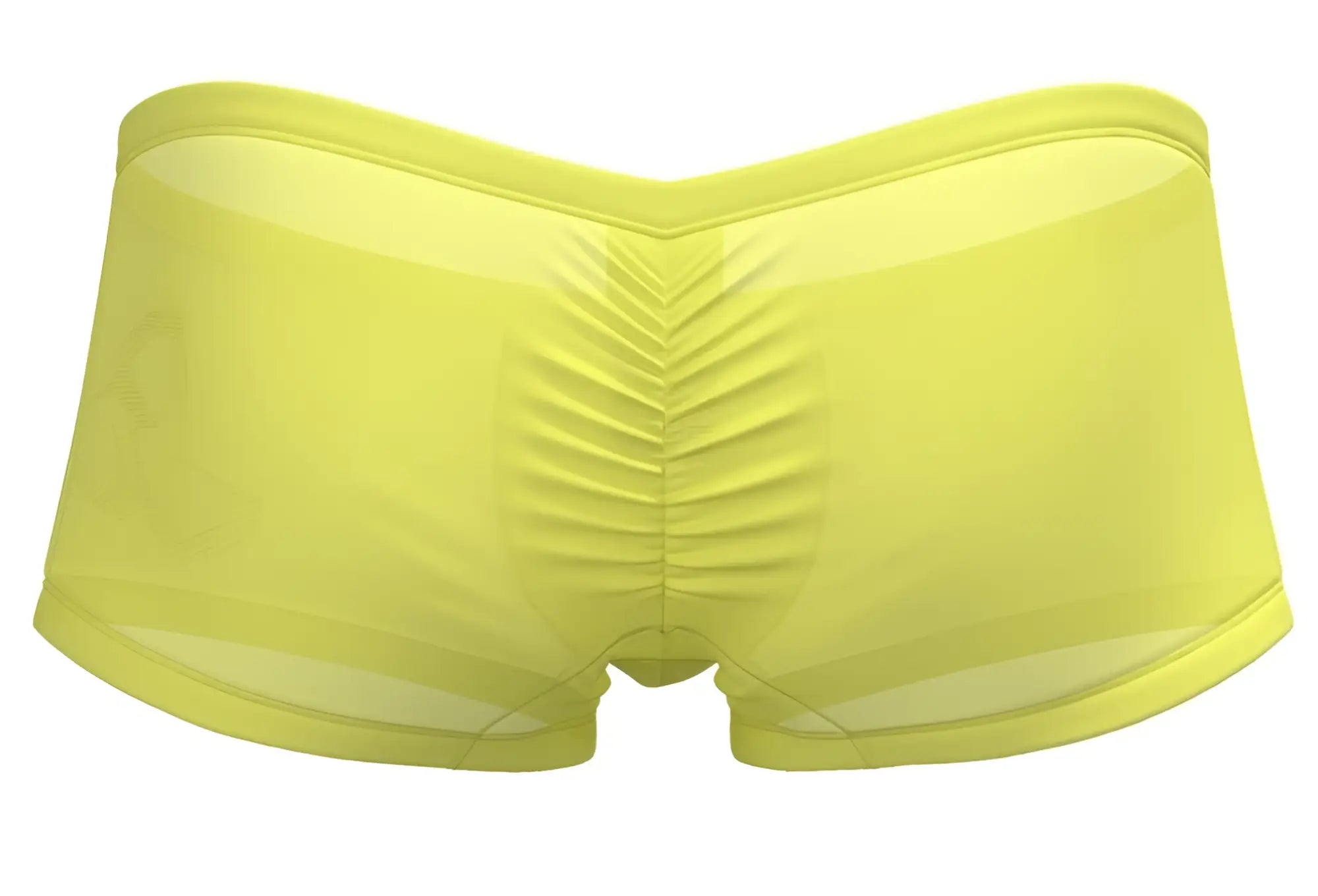 Bright yellow sheer men’s briefs from Private Structure with ruched back design in bare hipster style