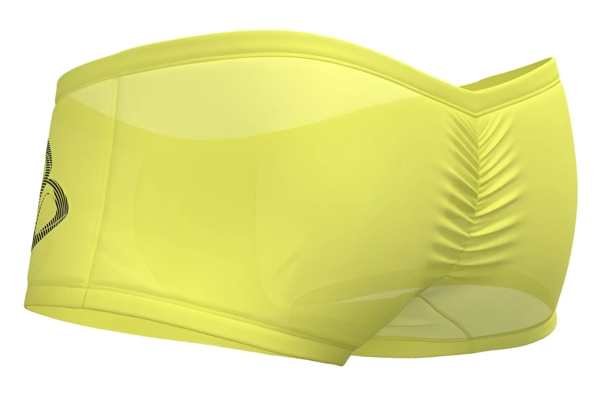 Bright yellow sheer mesh athletic briefs with black logo and vertical pleats on the left hip by private structure