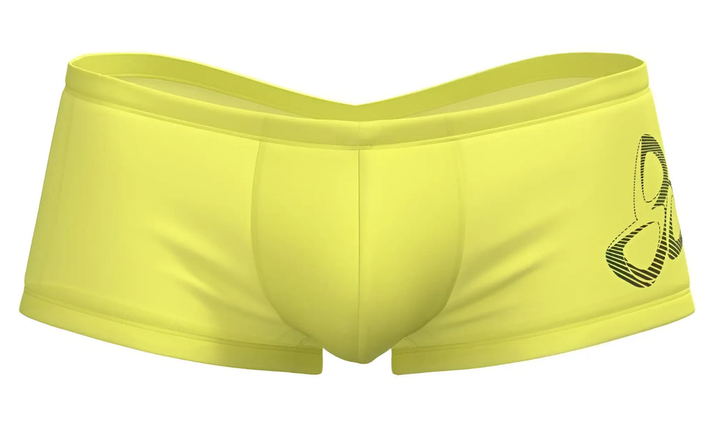 Private Structure BRUT4390 yellow swim trunks with black stylized logo on the side for a bold beach look