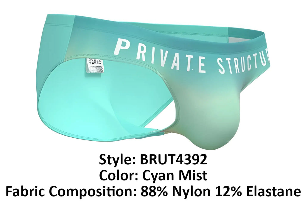 Private Structure Brut4392 bare bikini men’s underwear in cyan mist gradient with branded waistband made of nylon elastane