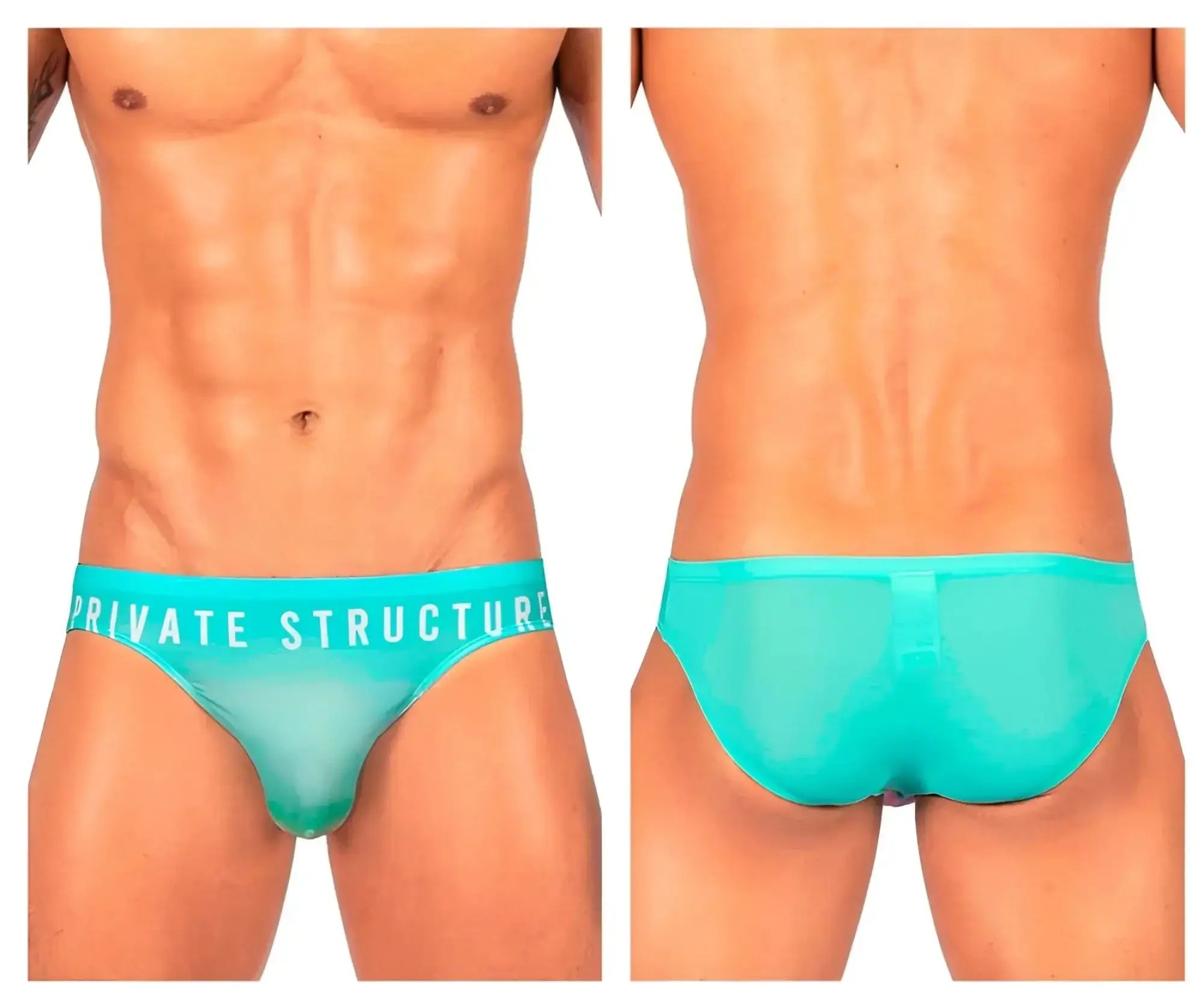 Turquoise sheer mesh briefs with private structure branding on the waistband from the private structure BRUT4392.