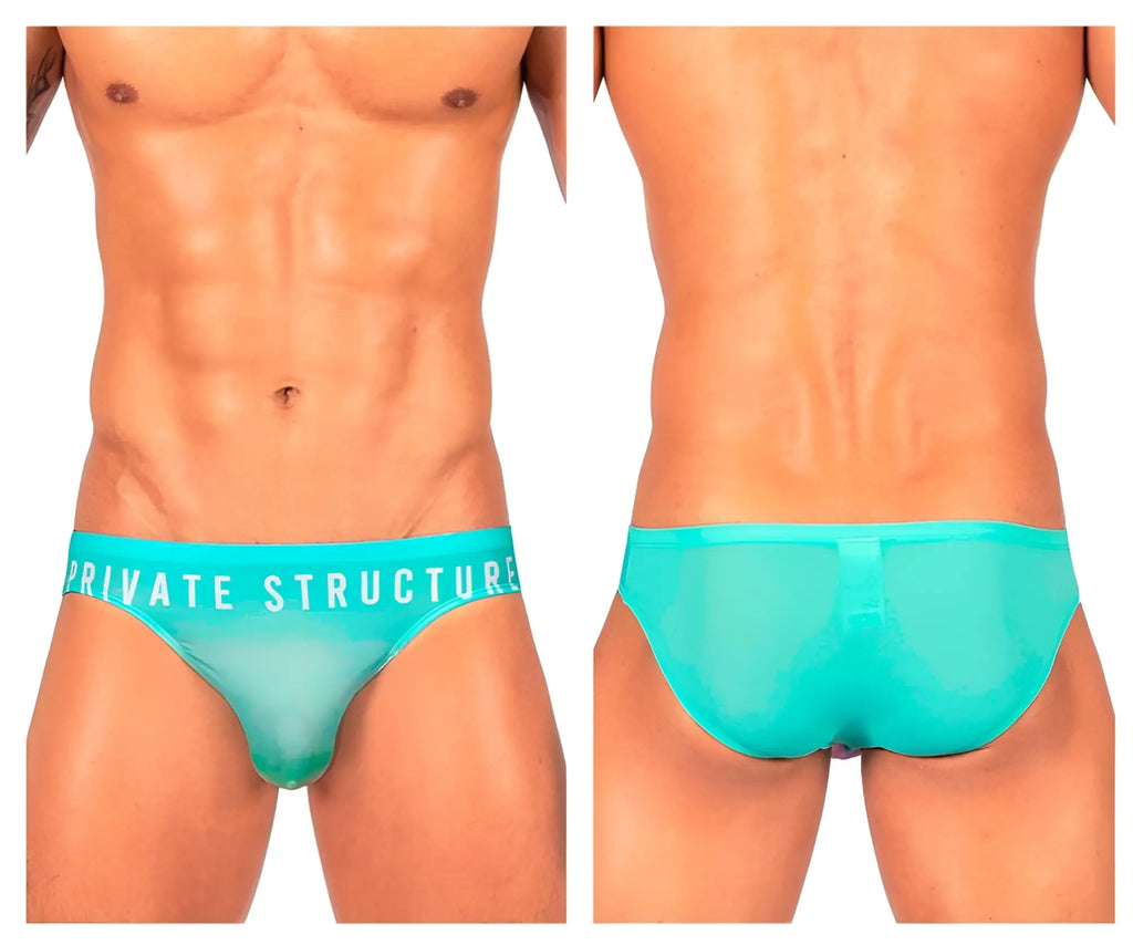 Turquoise sheer mesh briefs with private structure branding on the waistband from the private structure BRUT4392 bare bikini line