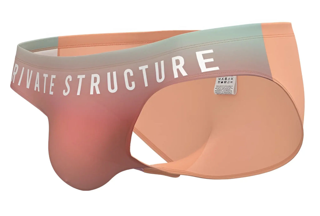 Pastel peach and mint gradient fabric briefs with private structure branding on waistband in orange bare bikini style