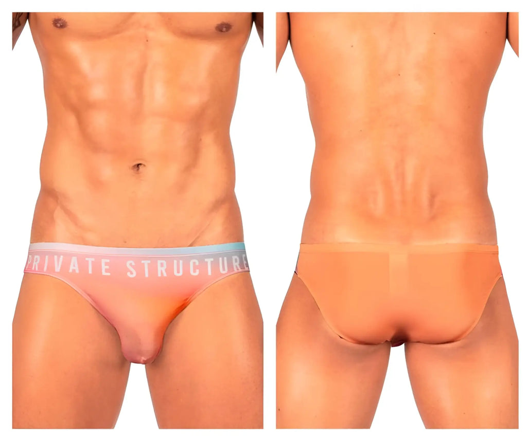 Orange sheer briefs with pink and light blue waistband featuring Private Structure logo bare bikini style
