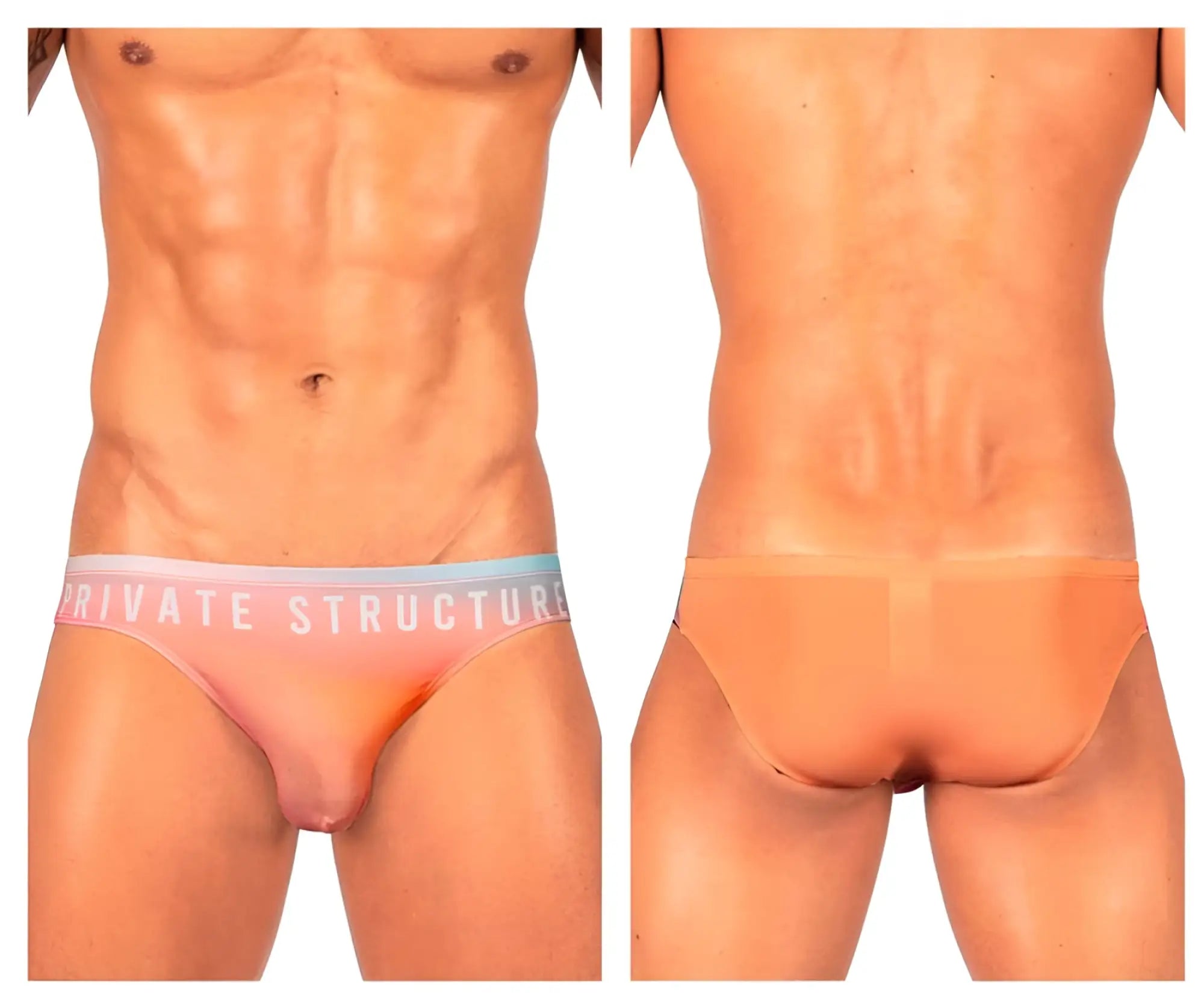 Orange sheer briefs with pink and light blue waistband featuring Private Structure logo bare bikini style