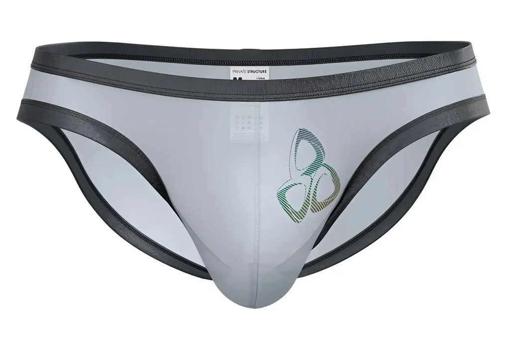 Gray and black private structure brut4393 bare bikini briefs with subtle green logo on front in lilac color