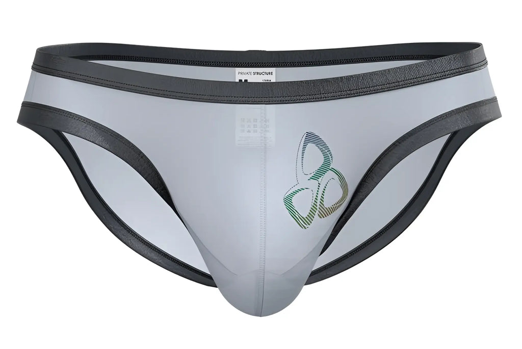 Gray and black private structure brut4393 bare bikini briefs with subtle green logo on front in lilac color