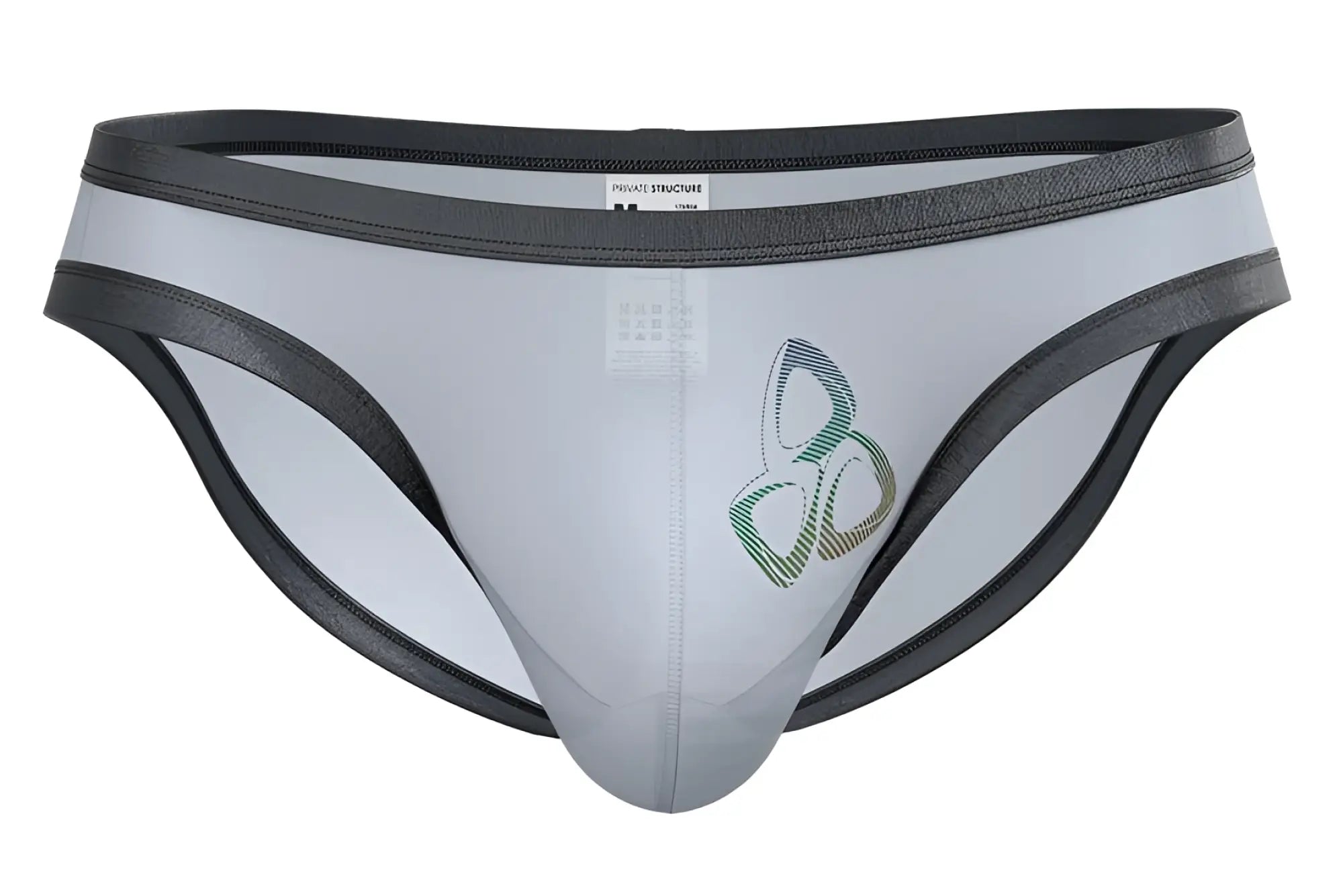 Gray and black private structure brut4393 bare bikini briefs with subtle green logo on front in lilac color