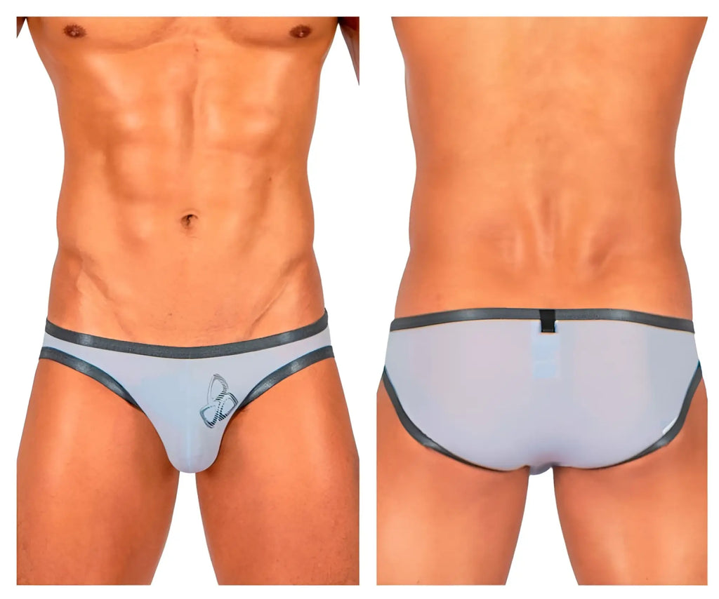 Private Structure BRUT4393 bare bikini sheer light gray briefs with dark gray trim and small embroidered logo on front
