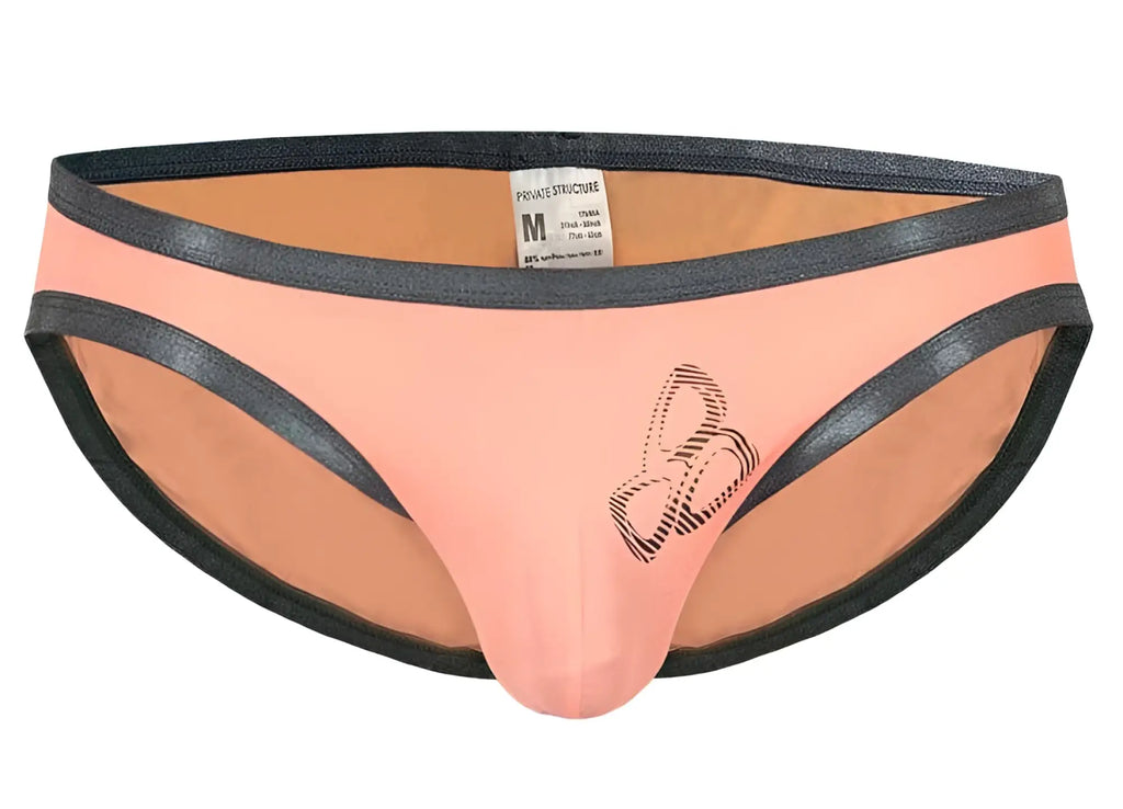 Peach-colored briefs with black trim and a subtle butterfly design from private structure bare bikini color orange