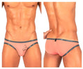 Pink men’s briefs with dark gray trim and embroidered bow detail from private structure.