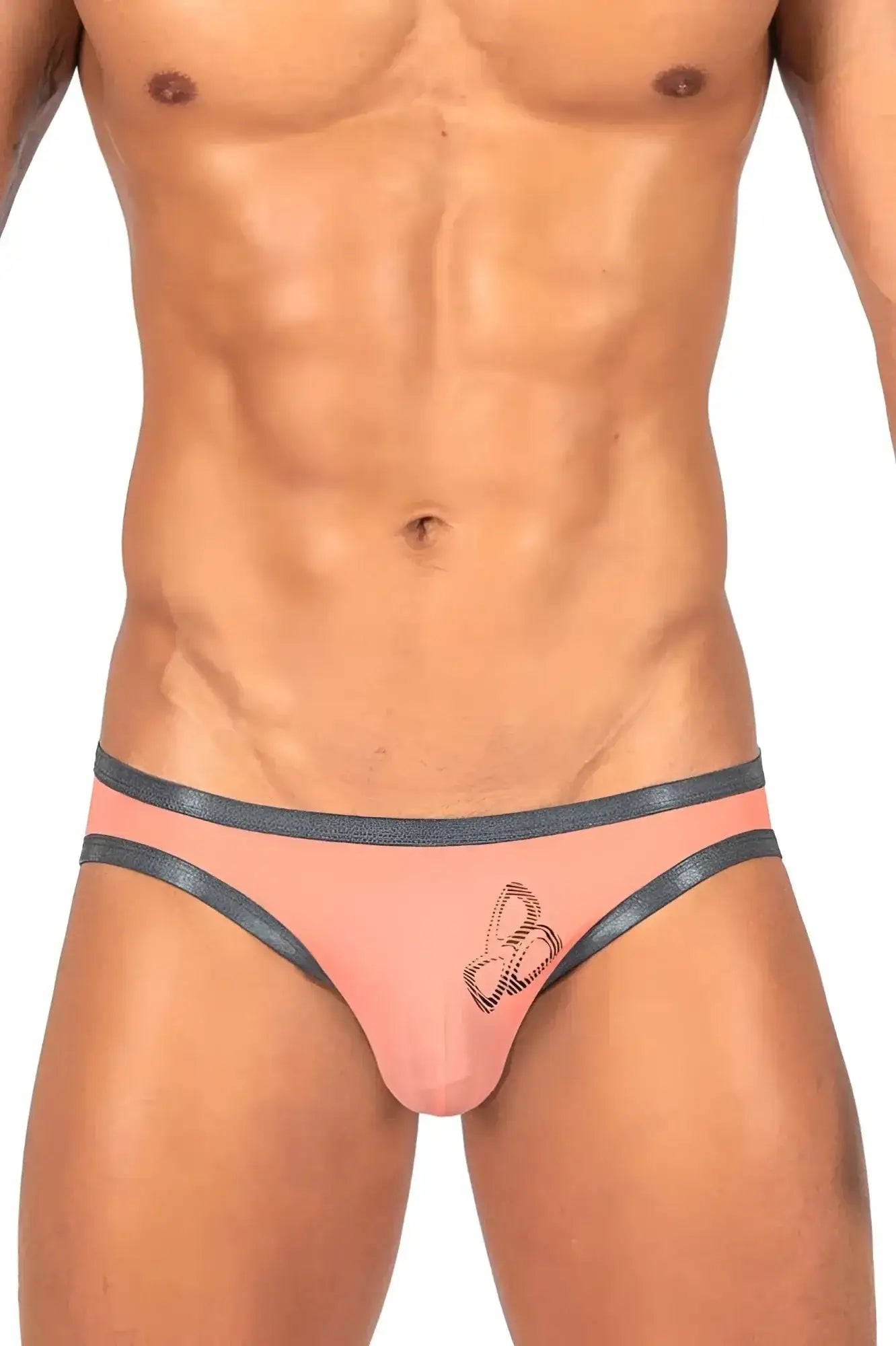 Private structure brut4393 bare bikini orange men’s briefs in pink with dark gray trim and embroidered butterfly design