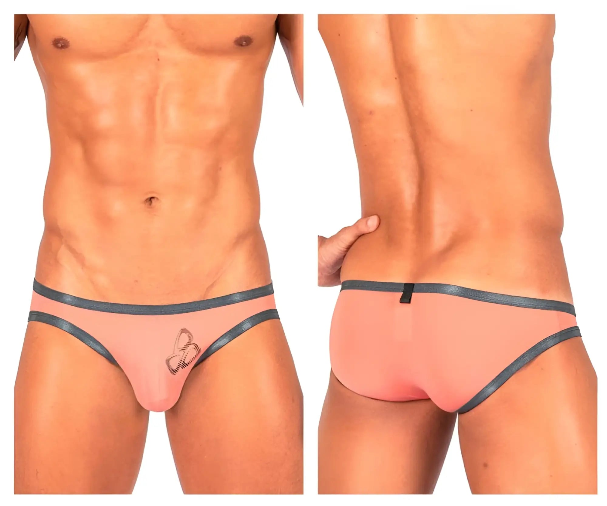 Pink men’s briefs with dark gray trim and embroidered bow detail from private structure brut4393 bare bikini orange collection