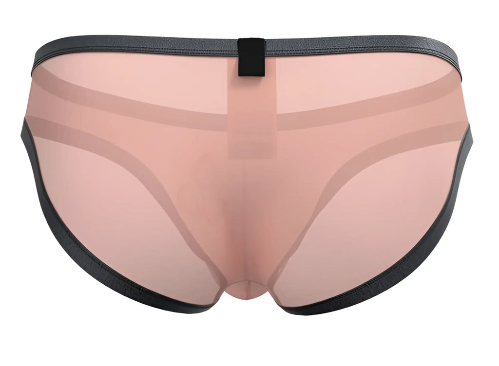Pink sheer mesh briefs with black elastic trim and central black tab closure in private structure brut4393 bare bikini orange