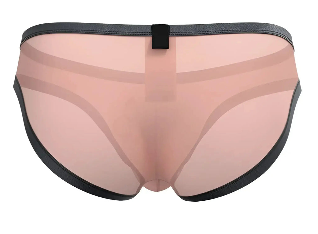 Pink sheer mesh briefs with black elastic trim and central black tab closure in private structure brut4393 bare bikini orange