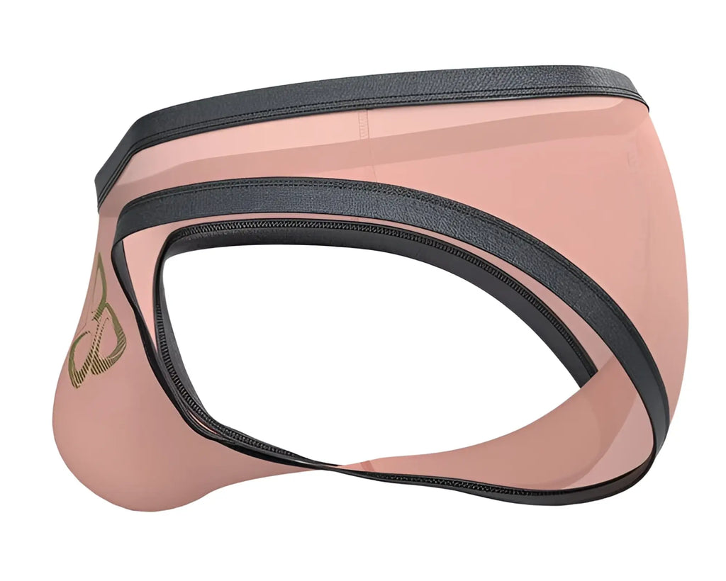 Pink transparent briefs with black elastic waistband and leg bands featuring gold logo side detail by private structure