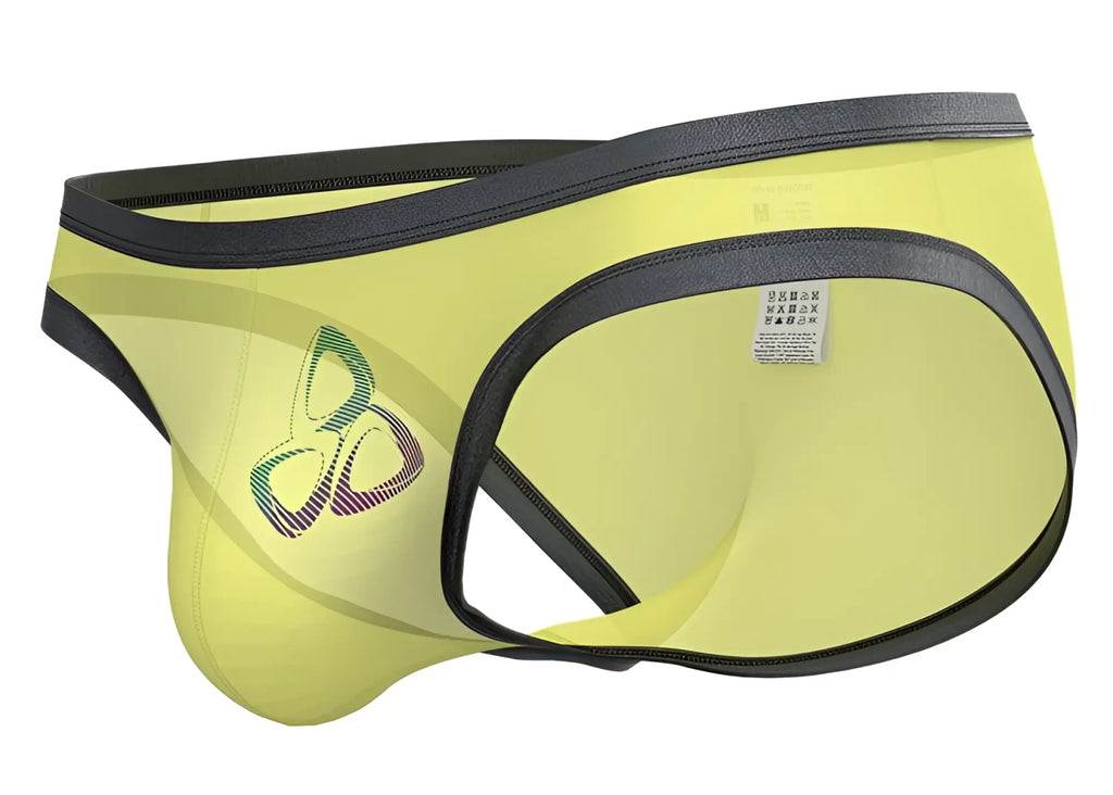 Bright yellow private structure brut4393 bare bikini briefs with black trim and colorful abstract logo on the side
