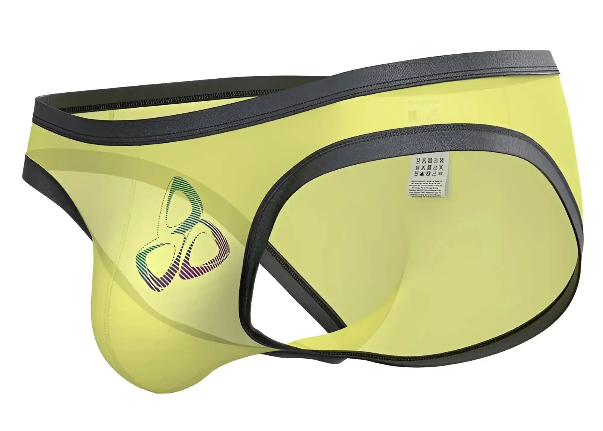 Bright yellow private structure brut4393 bare bikini briefs with black trim and colorful abstract logo on the side
