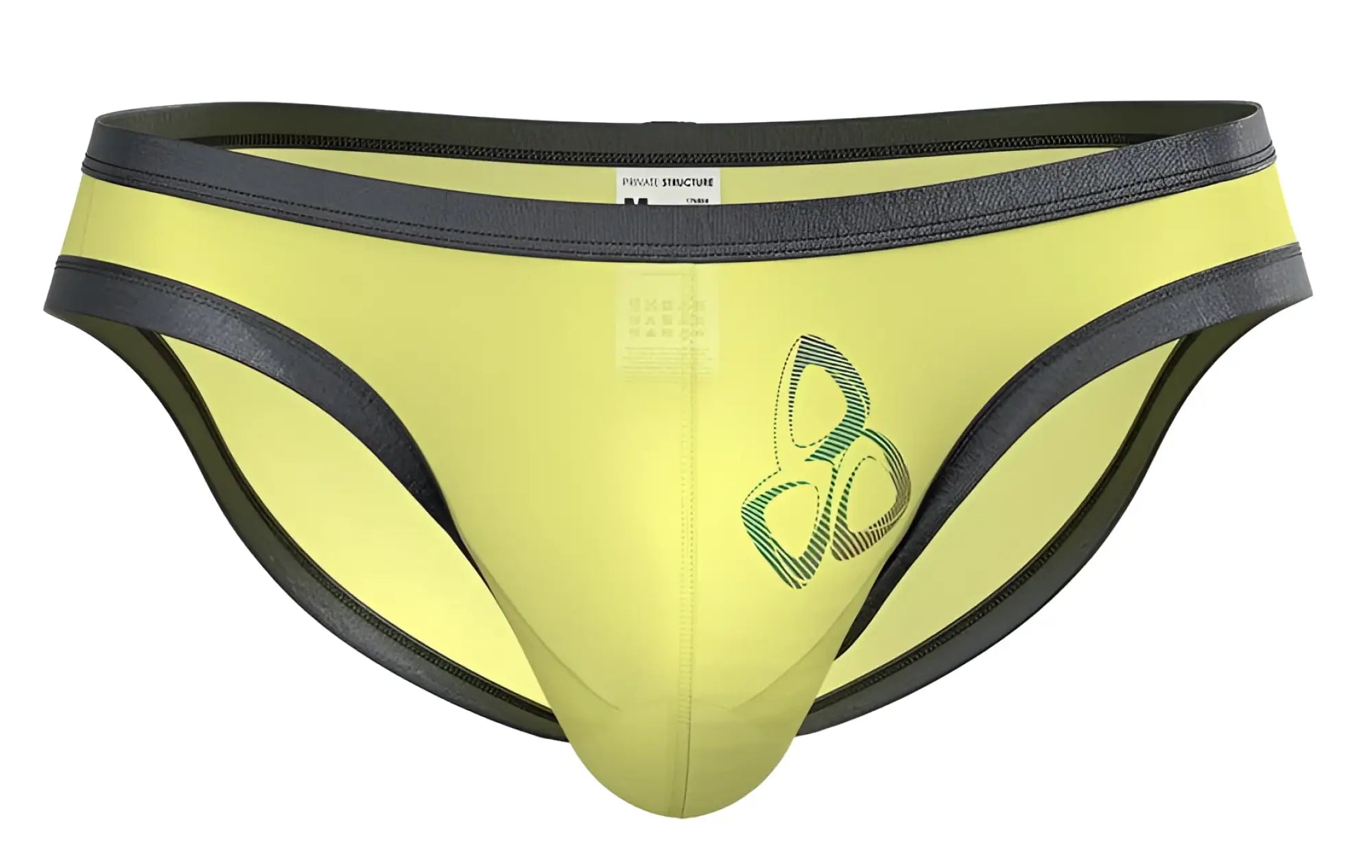 Bright yellow private structure brut4393 bare bikini men’s briefs with black trim and green geometric logo on front