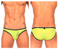 Bright neon yellow Private Structure BRUT4393 bare bikini swim trunks with black trim and small front embroidered logo