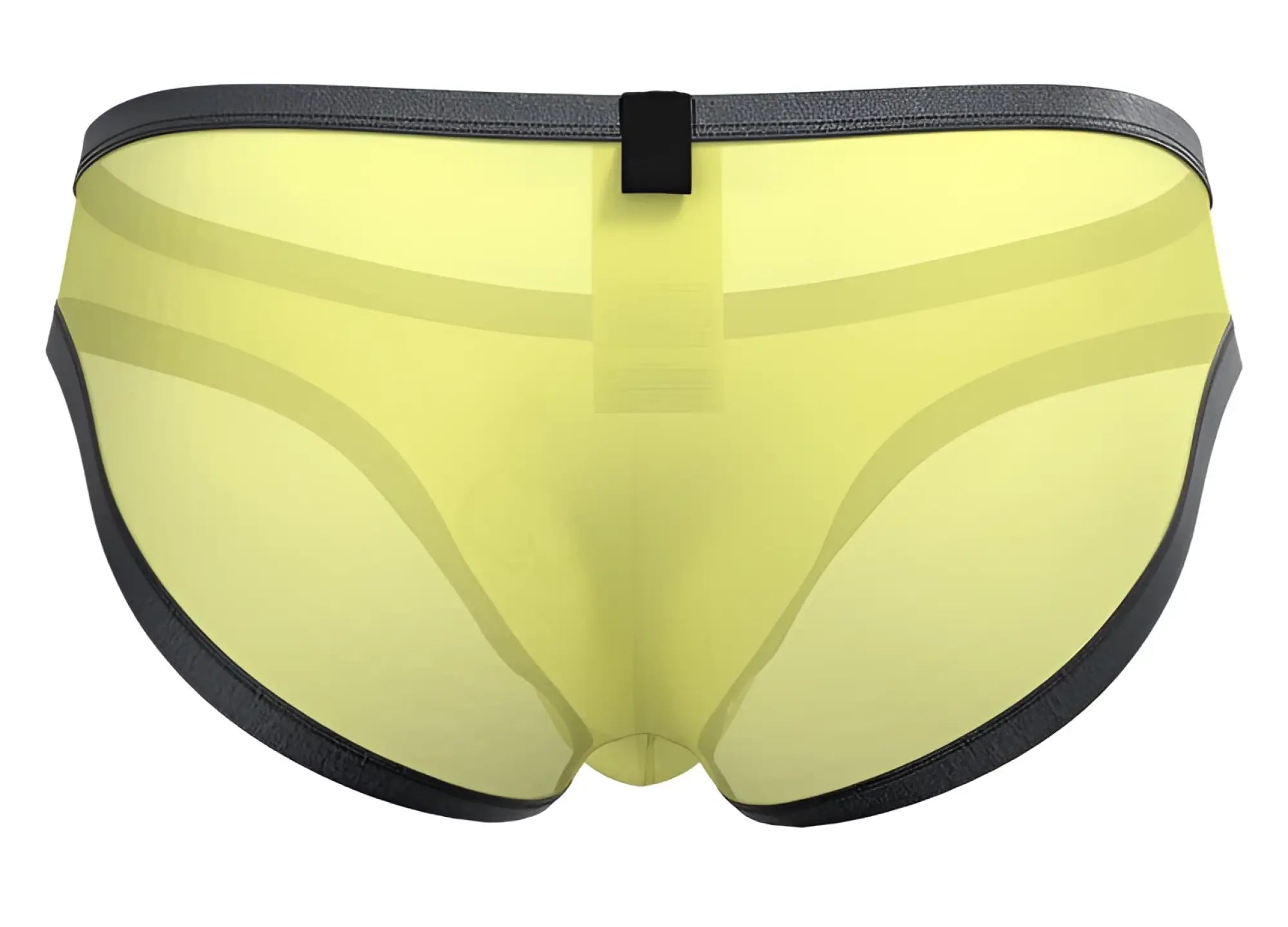 Private structure brut4393 bare bikini yellow sheer briefs with black trim and central black tab shown from the back