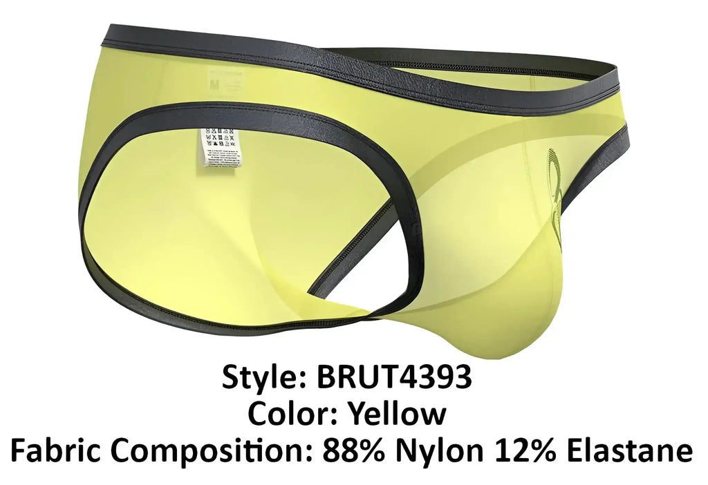 Yellow men’s briefs private structure brut4393 bare bikini with black trim made of 88% nylon 12% elastane