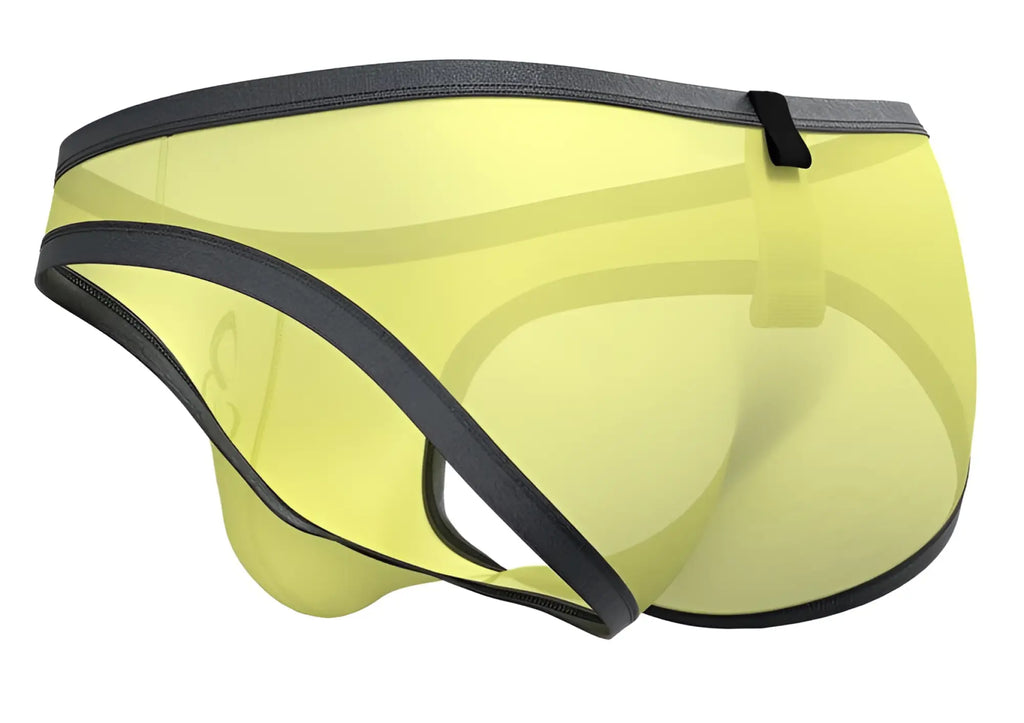 Yellow translucent mesh briefs with black elastic trim and small black tab at waistband by private structure
