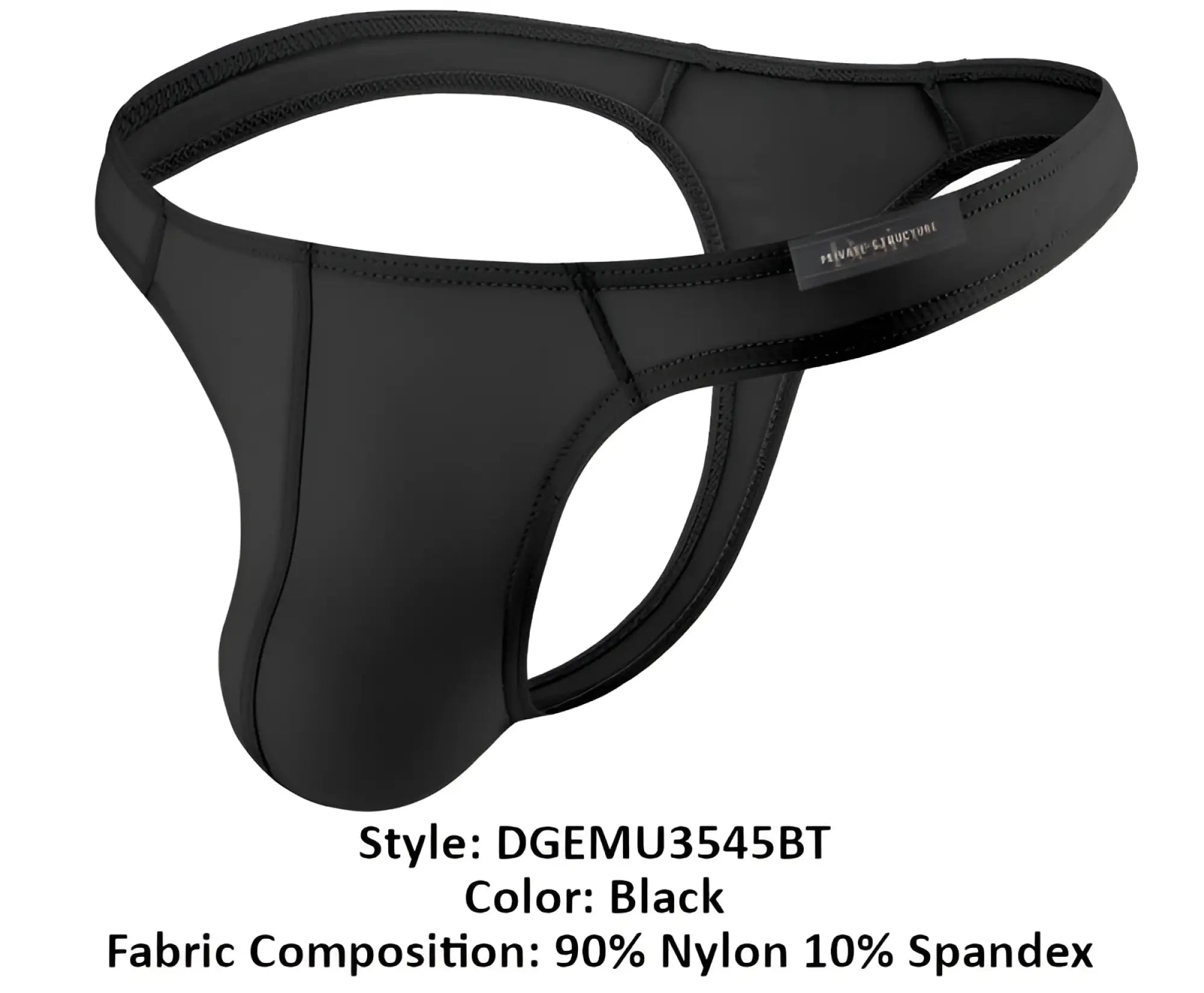 Private Structure DGEMU3545BT desire glaze black men’s thong made of 90% nylon 10% spandex with reinforced stitching