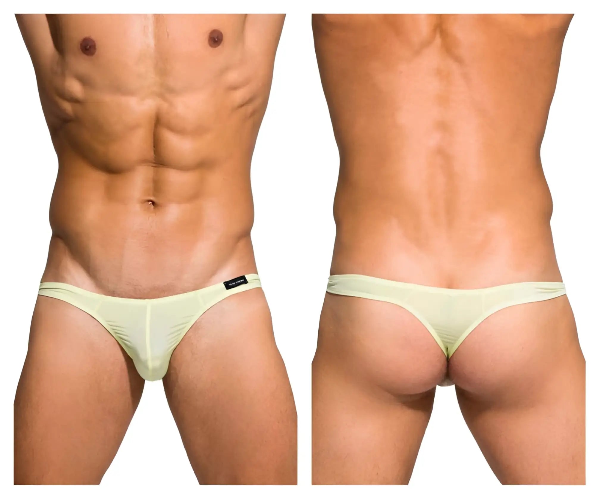 Light green lime sheer thong with black brand tag at waistband private Structure DGEMU3545BT desire glaze thong