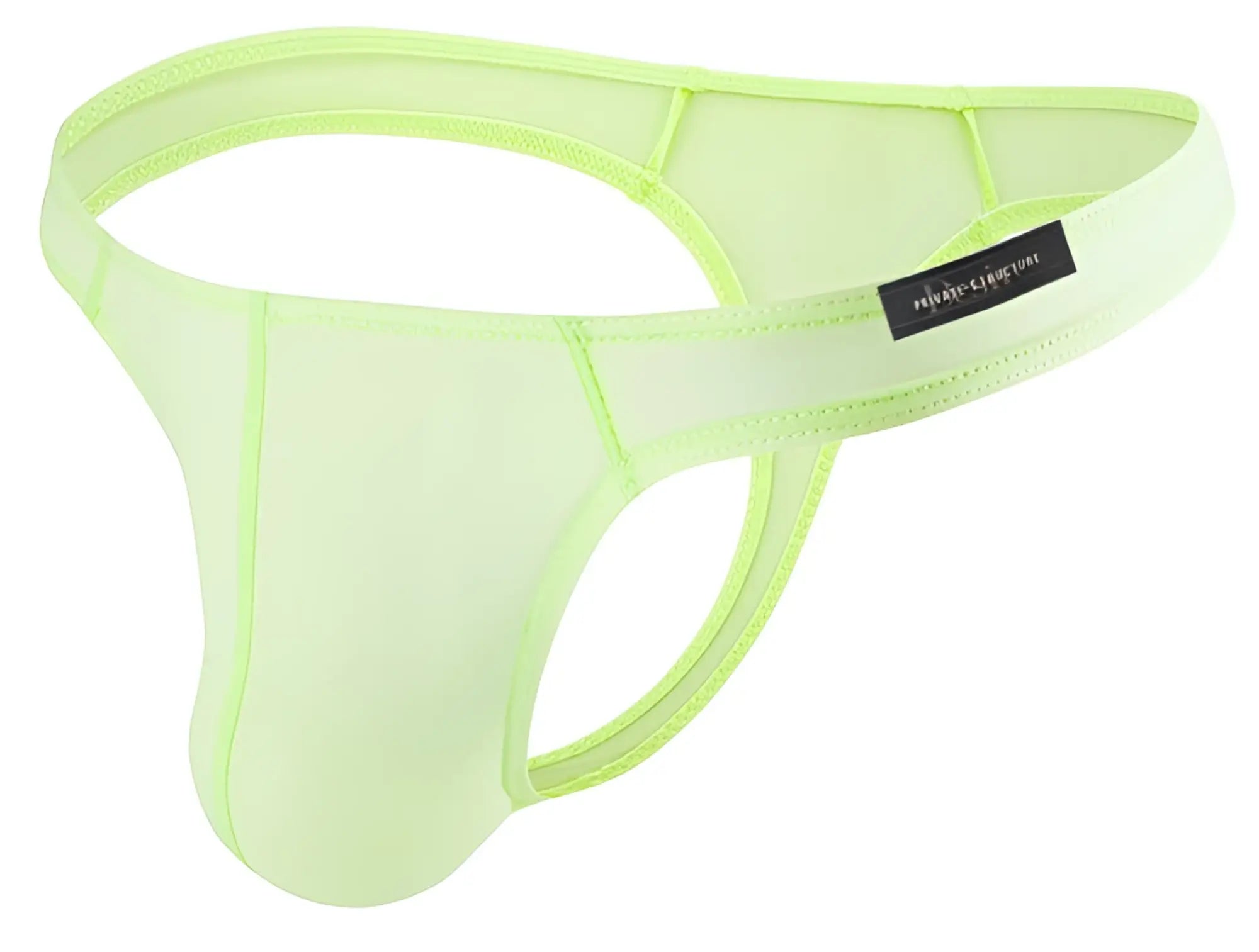 Neon green mesh thong with black private structure brand tag in lime color from desire glaze collection