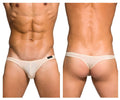 Cream-colored sheer mesh thong with black brand tag on left hipband by Private Structure model DGEMU3545BT desire glaze