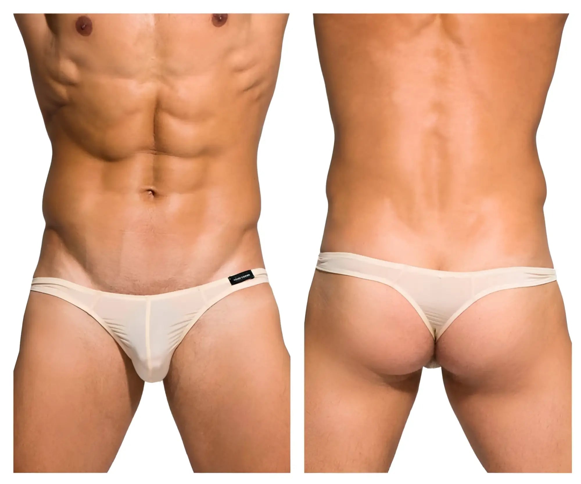 Cream-colored sheer mesh thong with black brand tag on left hipband by Private Structure model DGEMU3545BT desire glaze