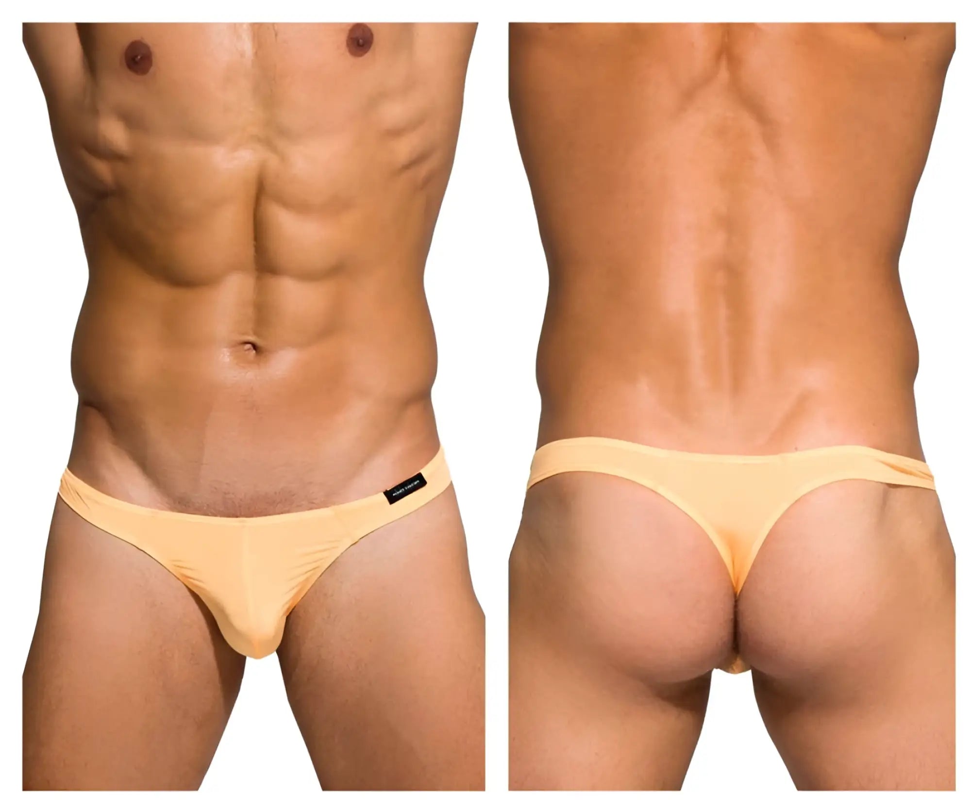 A sleek pale yellow stretchy fabric thong with a black brand tag on the waistband from private structure