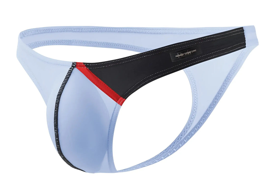 Light blue and black Private Structure DGUY4025 Desire Glaze G-string with red accent stripe and branded label