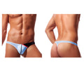 Light blue and black Private Structure DGUY4025 Desire Glaze G-string with red accent stripe shown from the back side
