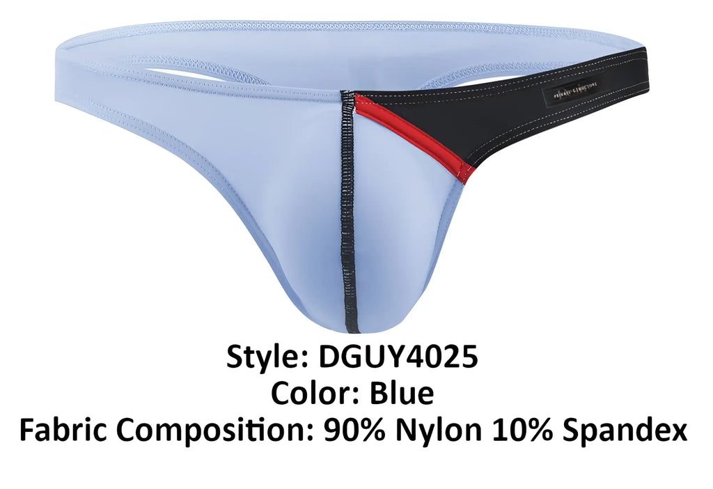 Light blue Private Structure DGUY4025 Desire Glaze g-string with black and red trim made of 90 nylon and 10 spandex