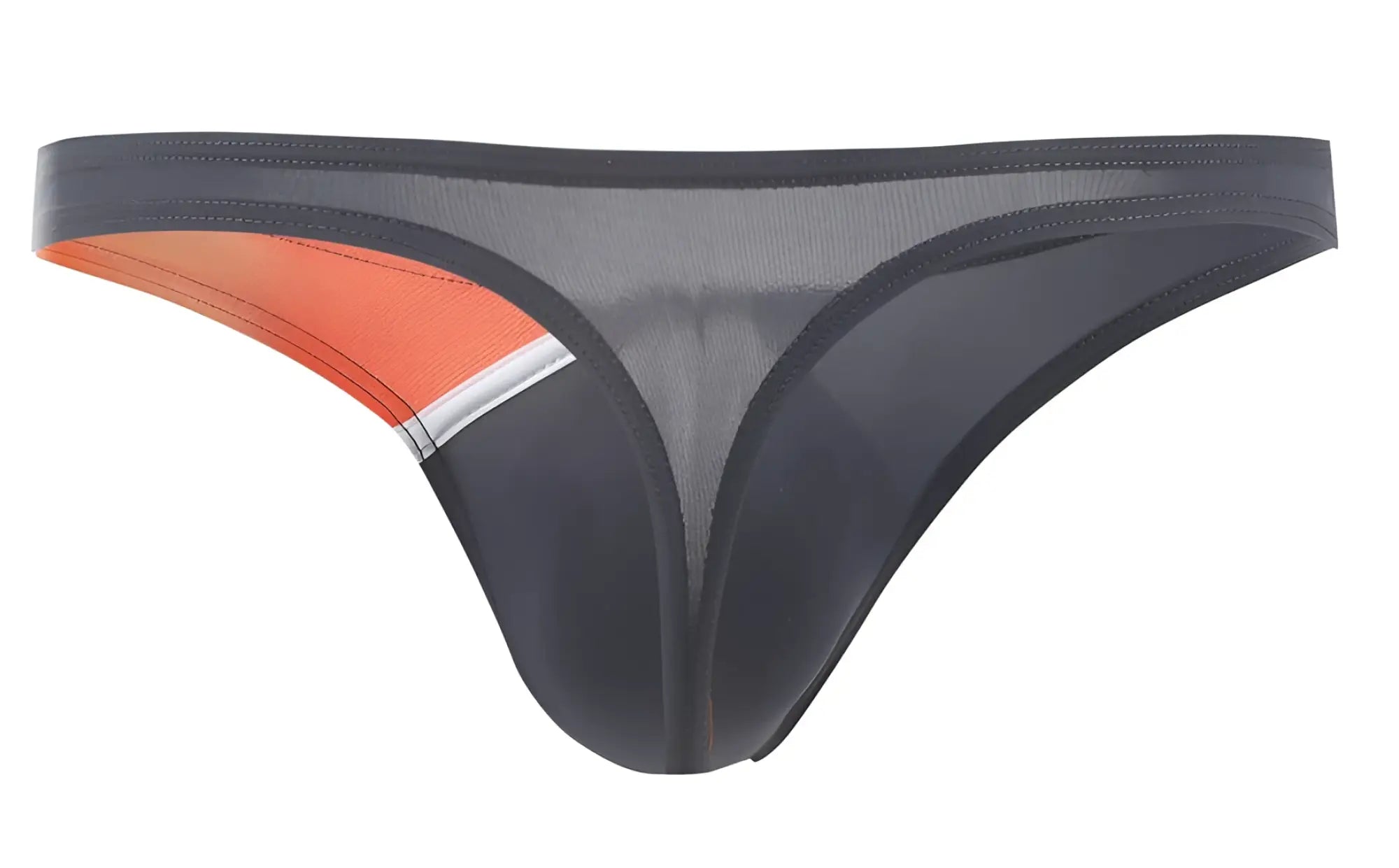 Private structure dgu y4025 desire glaze gray mesh thong with black and orange fabric and silver trim detail
