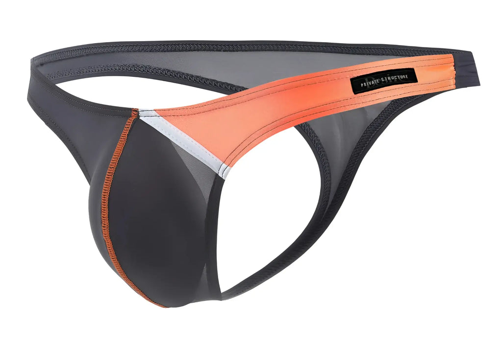 Black and orange private structure thong with mesh panel and gray desire glaze g-string design