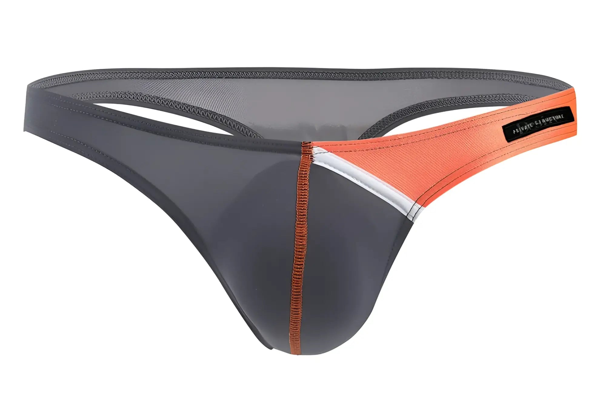 Private structure DGUY4025 desire glaze G-string thong in gray with mesh backband and orange contrasting stitching