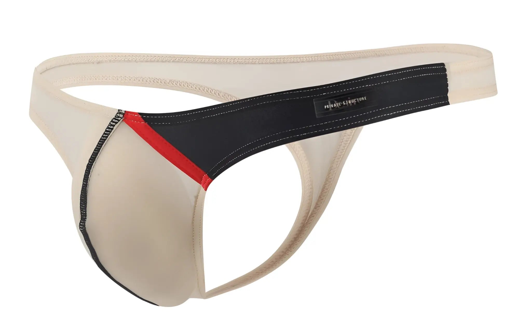 Beige and black Private Structure DGUY4025 Desire Glaze G-string with red accent stripe and branded label in nude color