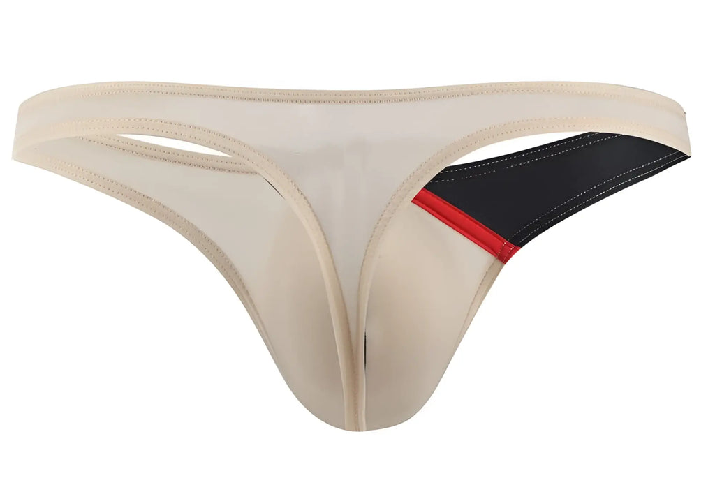 Beige thong g-string with black and red accent panel in nude color from private structure desire glaze collection