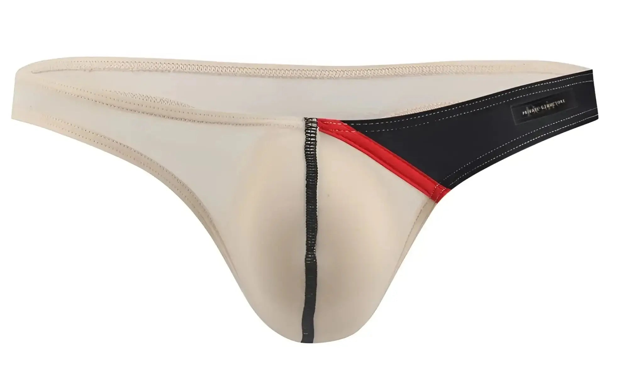 Beige Private Structure DGUY4025 Desire Glaze g-string thong with black and red trim and subtle stitching details
